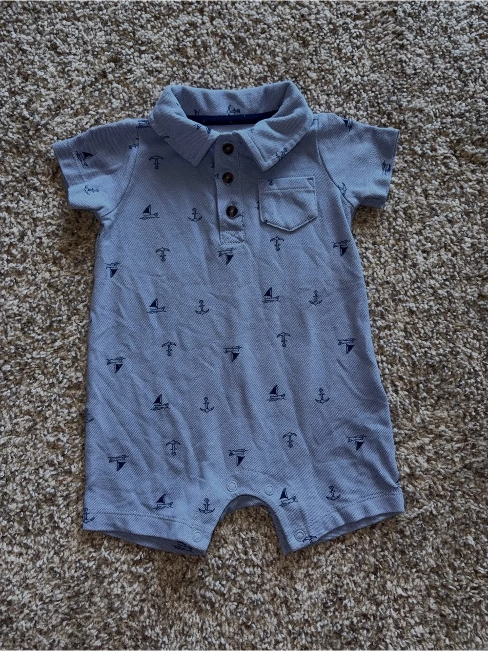 Carter's Light Blue Polo Romper with Navy Nautical Prints